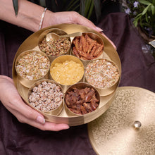 Load image into Gallery viewer, Paramparā Box | Pure Brass Masala Box filled with Satmya Mukhwaas Digestives | Large