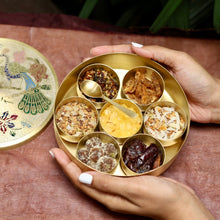 Load image into Gallery viewer, Paramparā Box | Pure Brass Masala Box filled with Satmya Mukhwaas Digestives | Luxury Wellness Gift Box
